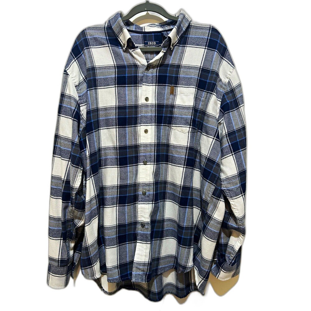 IZOD Men's Plaid Flannel L/S Button-Down Shirt Blue/White/Gray XXL